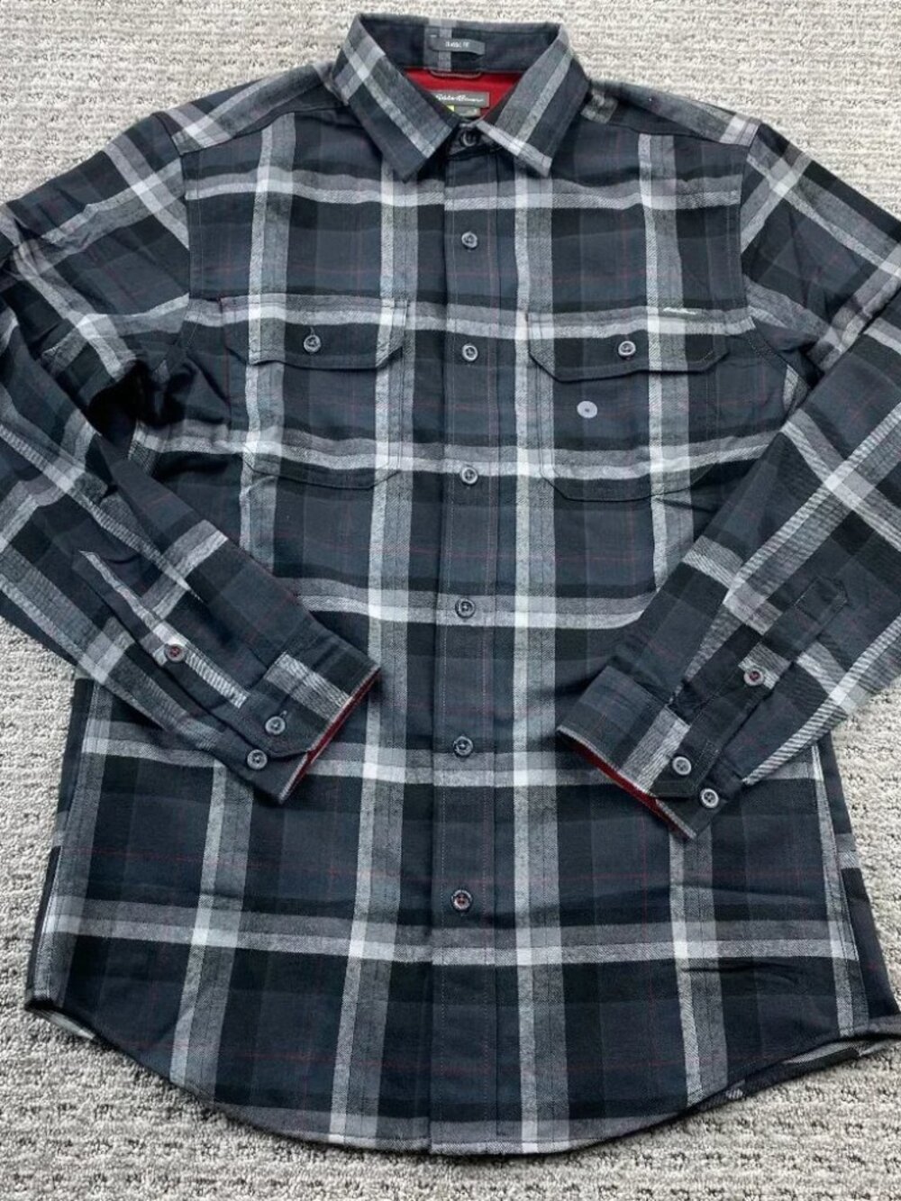 Eddie Bauer Shirt Men Small S Black Gray Plaid Button Up Long Sleeve Like New